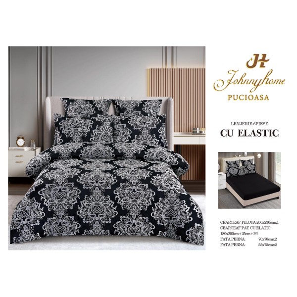 Set lenjerie de pat cu elastic, bumbac tip jacquard, 6 piese, pat 2 persoane, Negru, LDJ-028