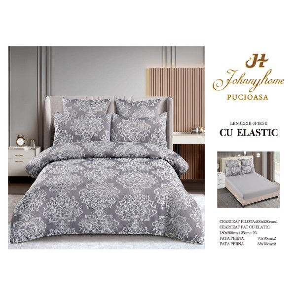 Set lenjerie de pat cu elastic, bumbac tip jacquard, 6 piese, pat 2 persoane, Gri deschis, LDJ-029