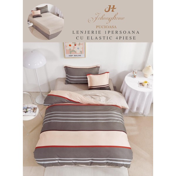 Lenjerie Finet, 4 Piese, Pat 1 persoana, cearsaf cu ELASTIC, Bej-Crem, linii, LOP-050