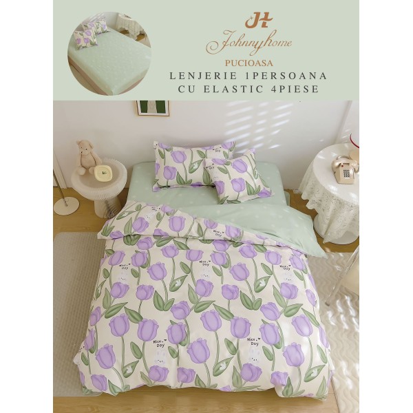 Lenjerie Finet, 4 Piese, Pat 1 persoana, cearsaf cu ELASTIC, Crem-Verde, flori, LOP-049