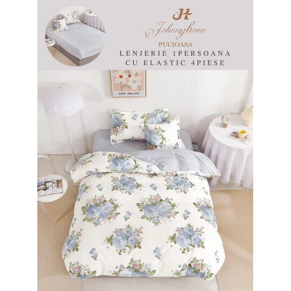 Lenjerie Finet, 4 Piese, Pat 1 persoana, cearsaf cu ELASTIC, Crem-Blue, flori,LOP-032