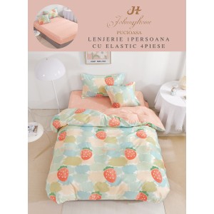 Lenjerie Finet, 4 Piese, Pat 1 persoana, cearsaf cu ELASTIC, Roz-Multicolor, capsuni, LOP-041