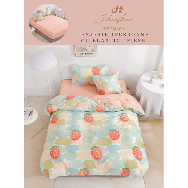Lenjerie Finet, 4 Piese, Pat 1 persoana, cearsaf cu ELASTIC, Roz-Multicolor, capsuni, LOP-041