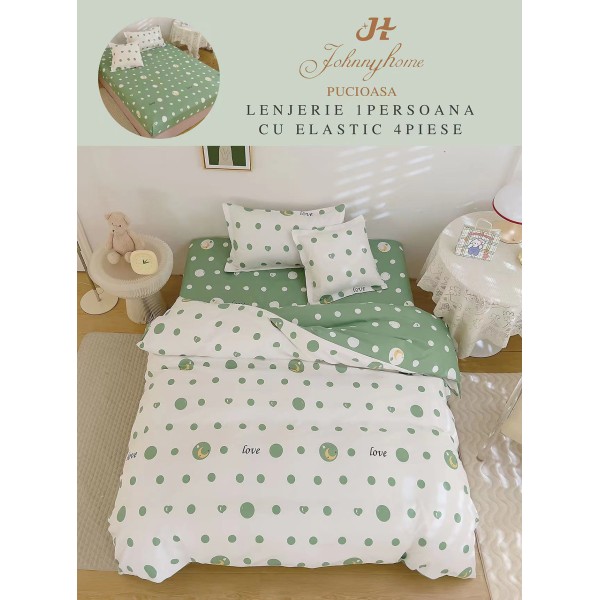 Lenjerie Finet, 4 Piese, Pat 1 persoana, cearsaf cu ELASTIC, Alb-Verde, cercuri, LOP-025