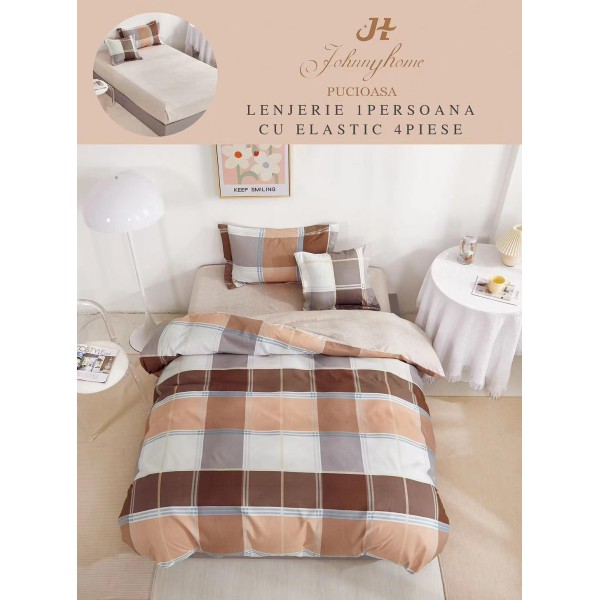 Lenjerie Finet, 4 Piese, Pat 1 persoana, cearsaf cu ELASTIC, Maro-Bej, patrate, LOP-013