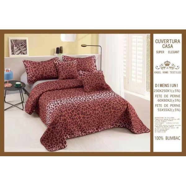 Cuvertura pat dublu din Bumbac Finet, 5 pierse, Maro-Alb, animal print, ESC-110