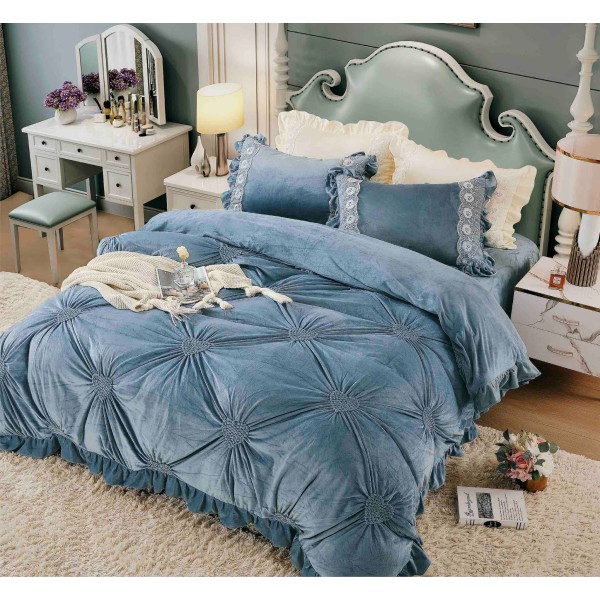 Set Lenjerie de Pat din Catifea, Cu Broderie, 4 Piese, Pat 2 Persoane, Albastru Deschis, LCI-057