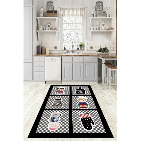 Covor Bucatarie, 80x150 cm, Alb-Negru, CAM-012