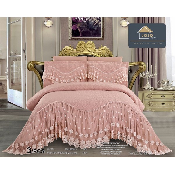 Cuvertura Lux Matlasata cu Volan Uni, Pat 2 Persoane, 3 Piese, Finet, Roz pudra, CML-013