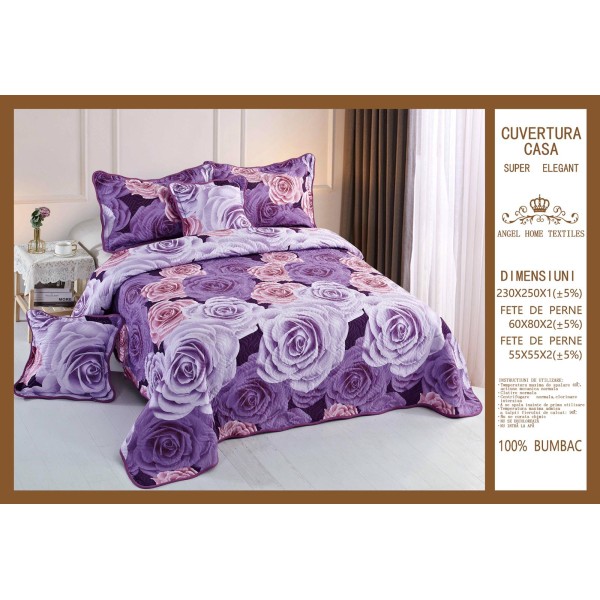 Cuvertura pat dublu din Bumbac Finet, 5 pierse, Mov-Lila, flori, ESC-115